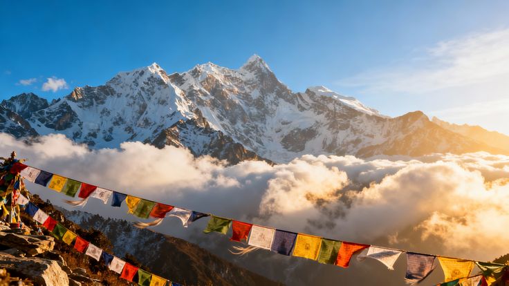 Himalayan mountains with prayer flags at sunrise